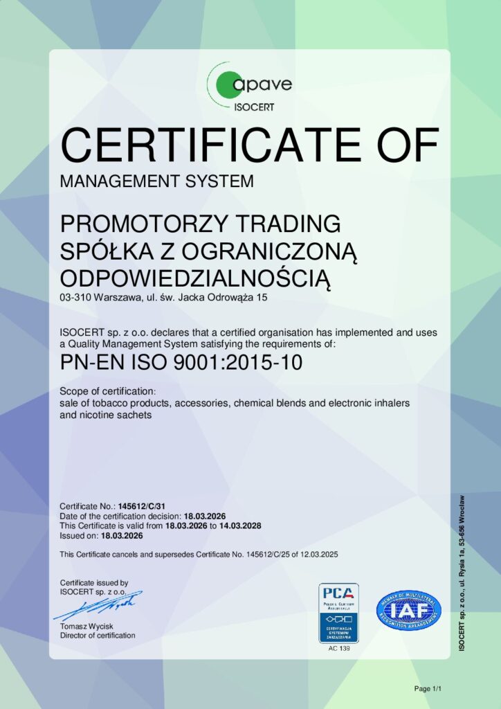 Certyfikat Promotorzy 9001 sprzedaż 2026 ENG PDF